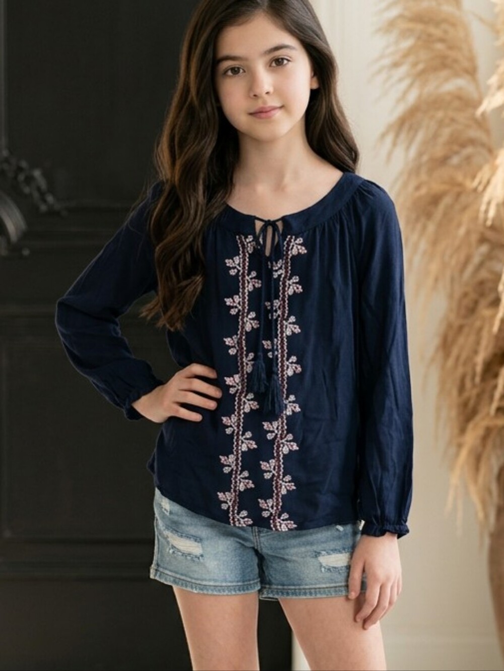 Tantrums Navy Blue Crochet Crepe Tunic Girls Large Tassel Top V-neck 3/4 sleeve